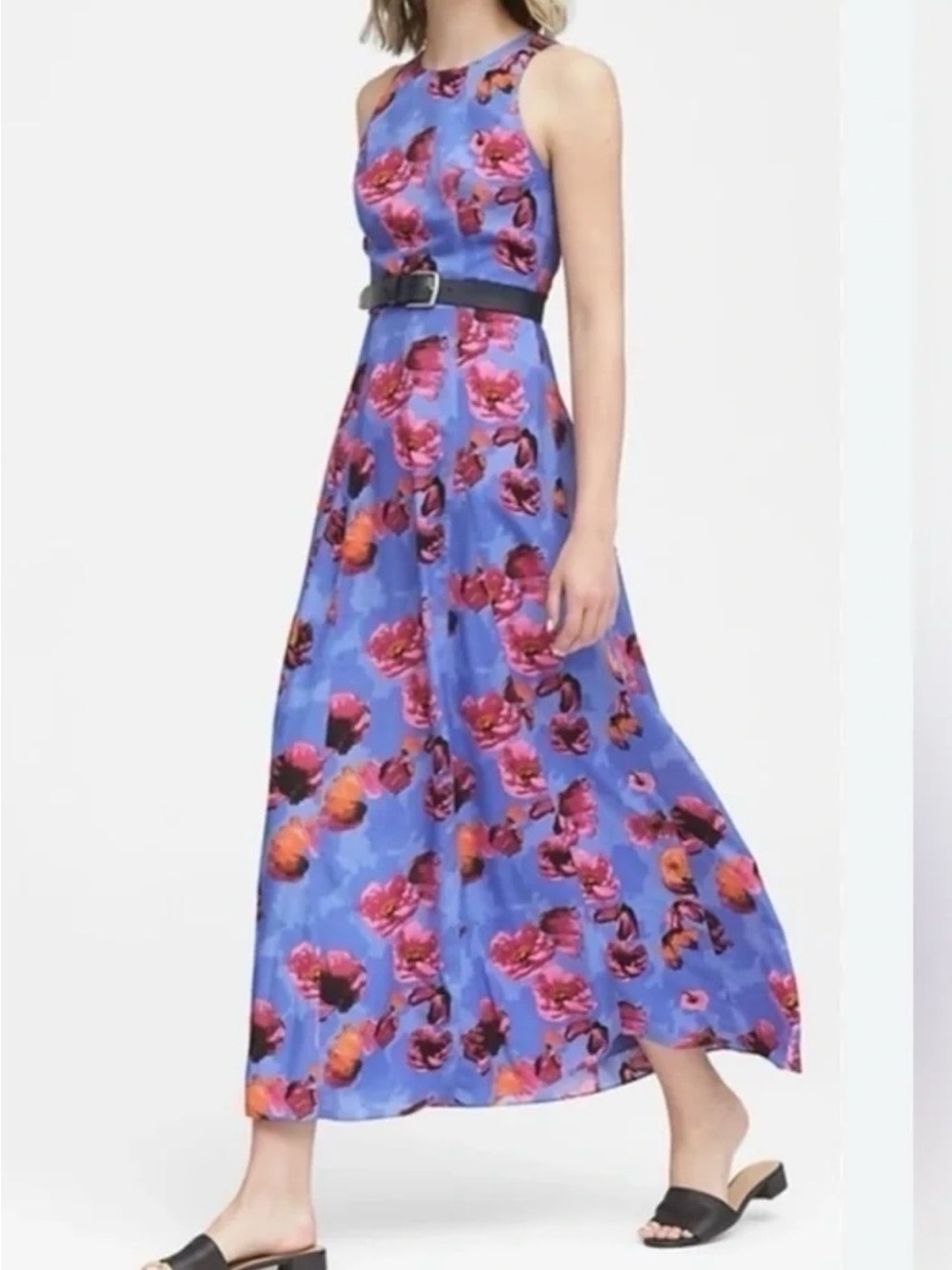Banana Republic Blue Floral Sleeveless Maxi Dress with Pink Accents